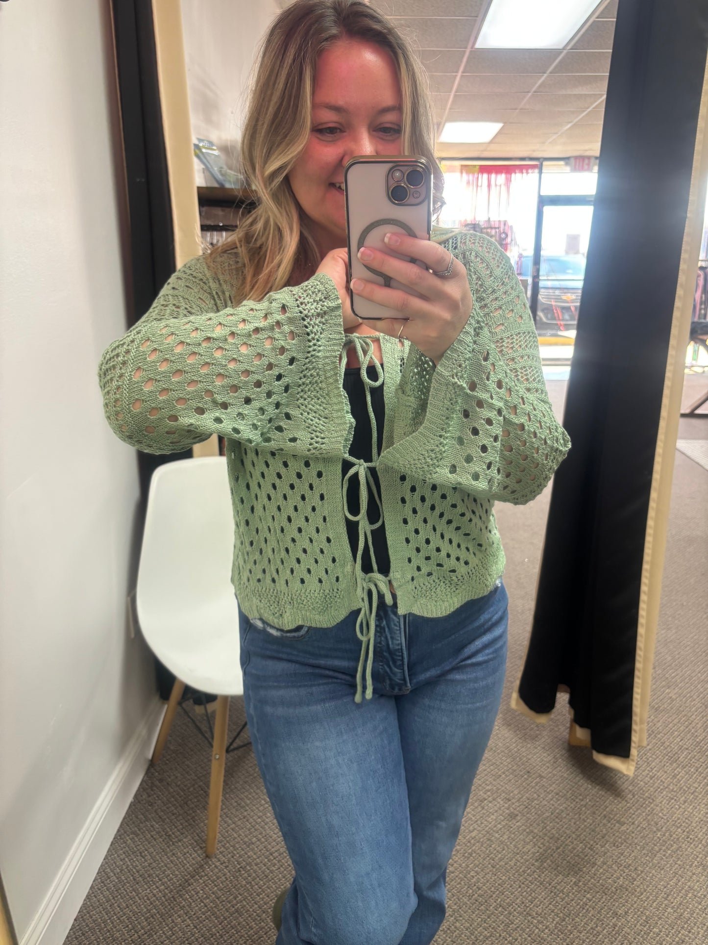 Smoke Green Tie Front Hollow-out Crochet Flare Sleeve Knitted Cover Up