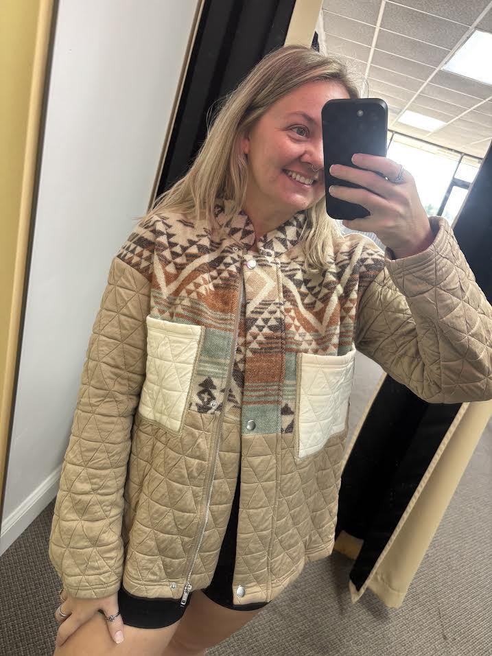 Light French Beige Aztec Quilted Patchwork Western Fashion Jacket