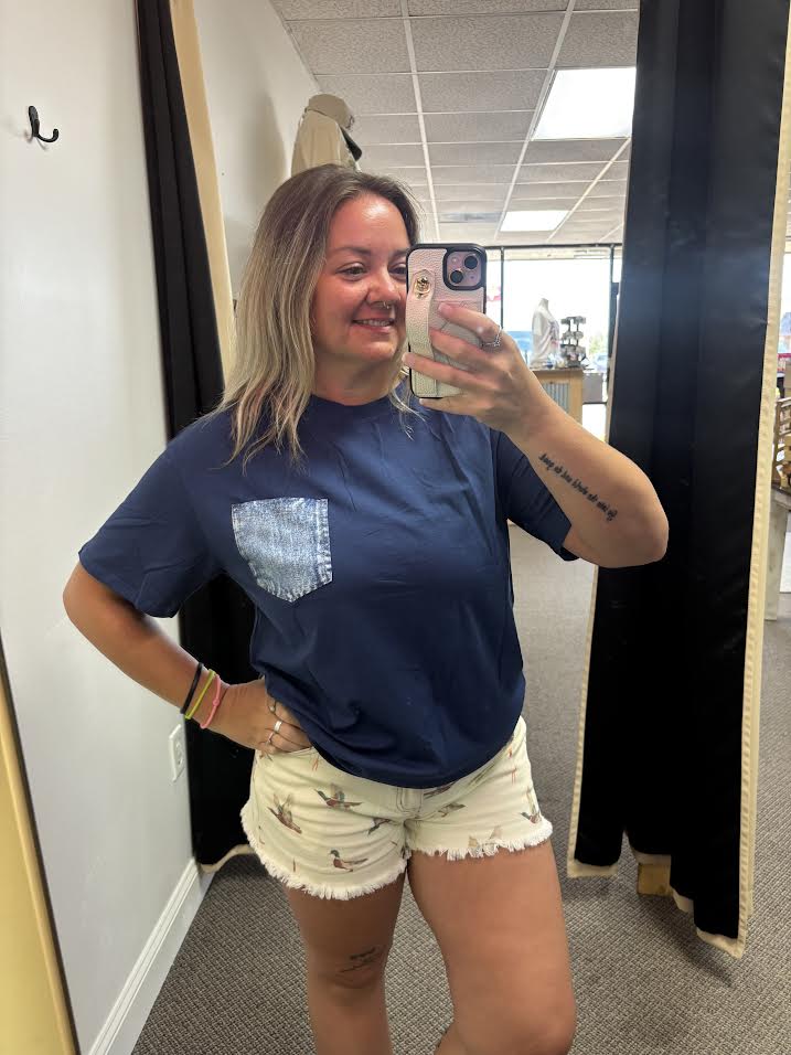 Sail Blue Color Block Chest Pocket Patched Casual Short Sleeve Top