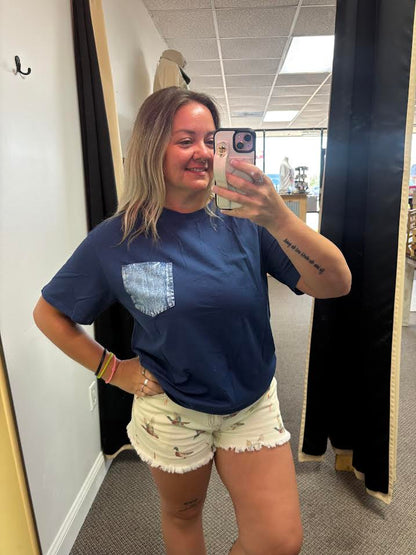 Sail Blue Color Block Chest Pocket Patched Casual Short Sleeve Top