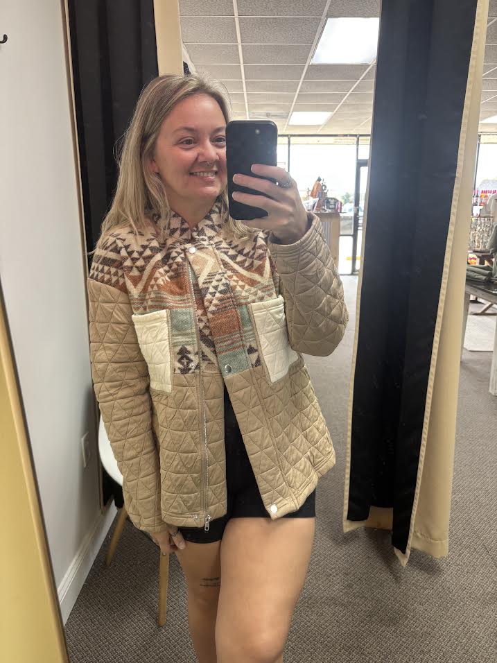 Light French Beige Aztec Quilted Patchwork Western Fashion Jacket