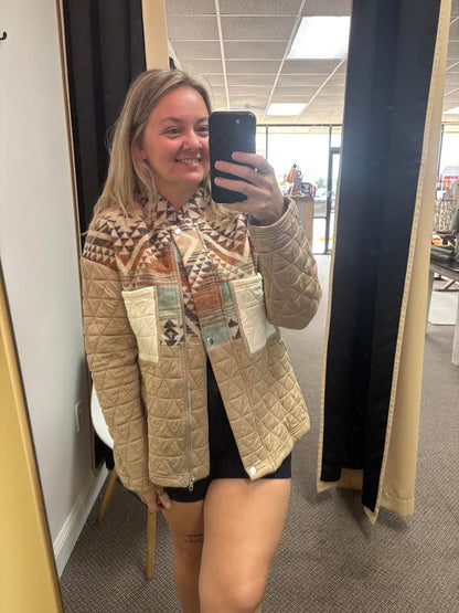 Light French Beige Aztec Quilted Patchwork Western Fashion Jacket