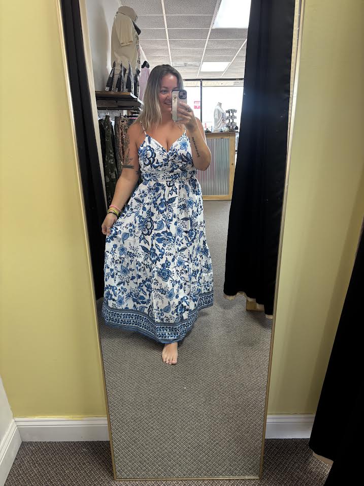 Sky Blue Twisted Bust Spaghetti Straps Backless Floral Maxi Dress