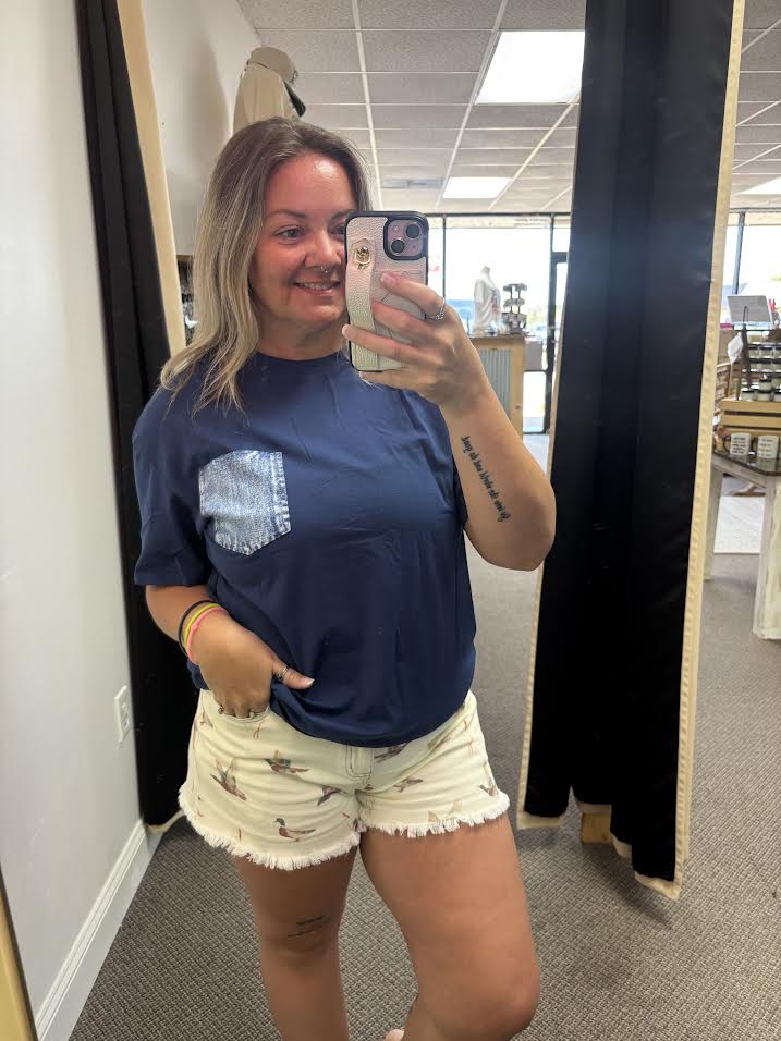 Sail Blue Color Block Chest Pocket Patched Casual Short Sleeve Top