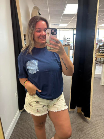 Sail Blue Color Block Chest Pocket Patched Casual Short Sleeve Top