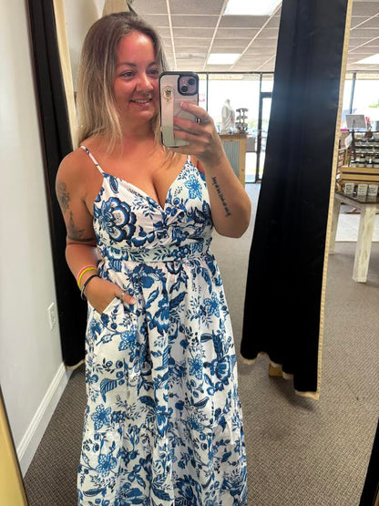 Sky Blue Twisted Bust Spaghetti Straps Backless Floral Maxi Dress