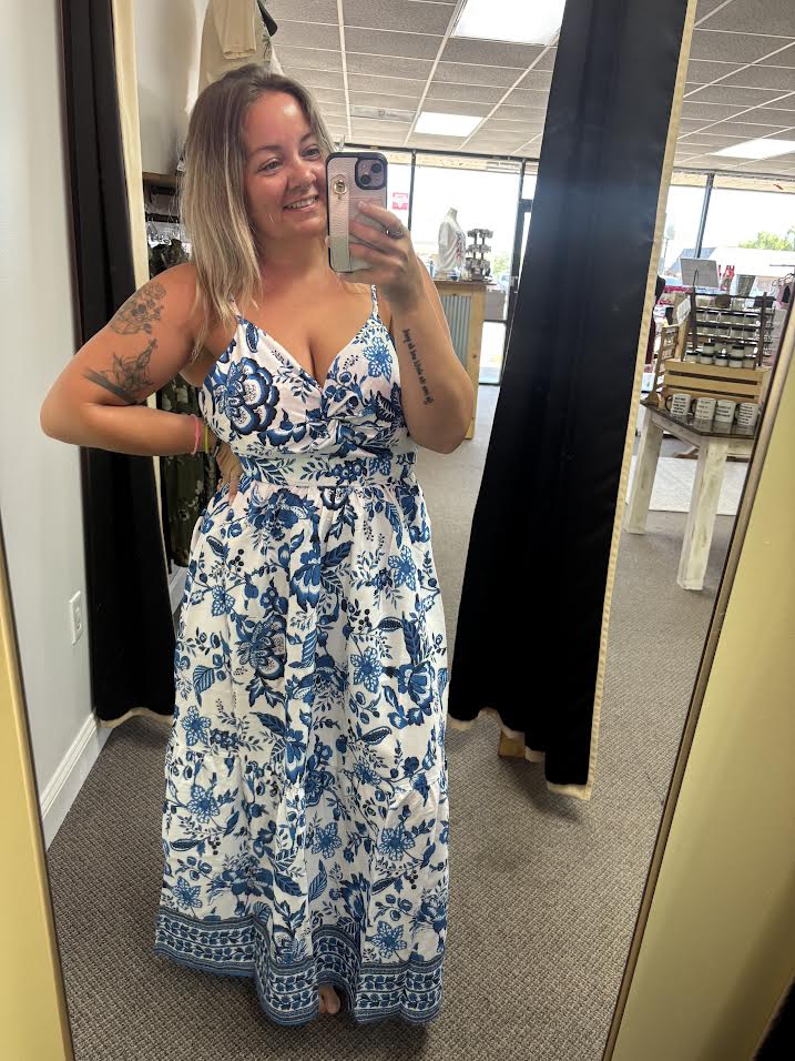Sky Blue Twisted Bust Spaghetti Straps Backless Floral Maxi Dress