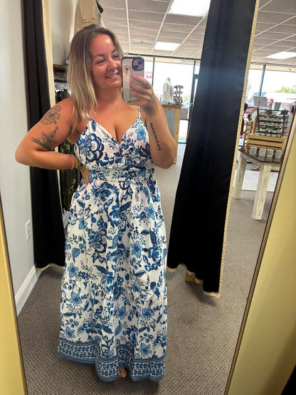 Sky Blue Twisted Bust Spaghetti Straps Backless Floral Maxi Dress
