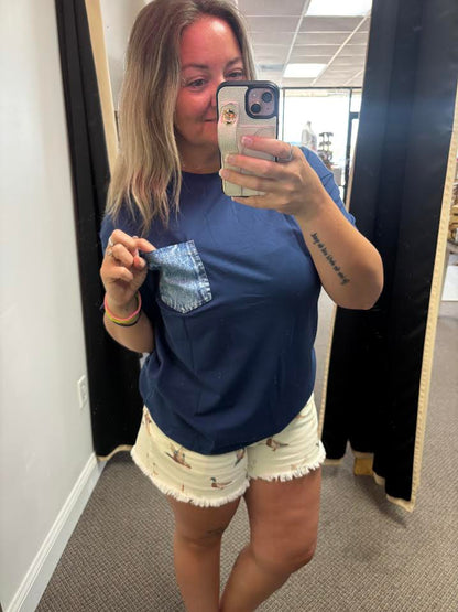 Sail Blue Color Block Chest Pocket Patched Casual Short Sleeve Top