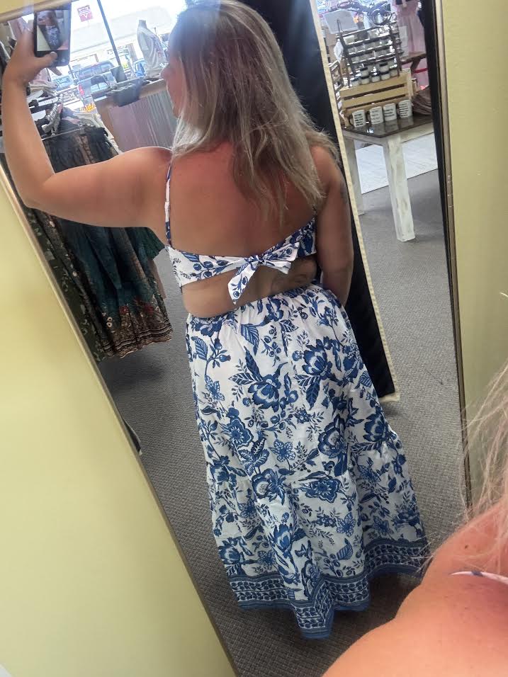 Sky Blue Twisted Bust Spaghetti Straps Backless Floral Maxi Dress