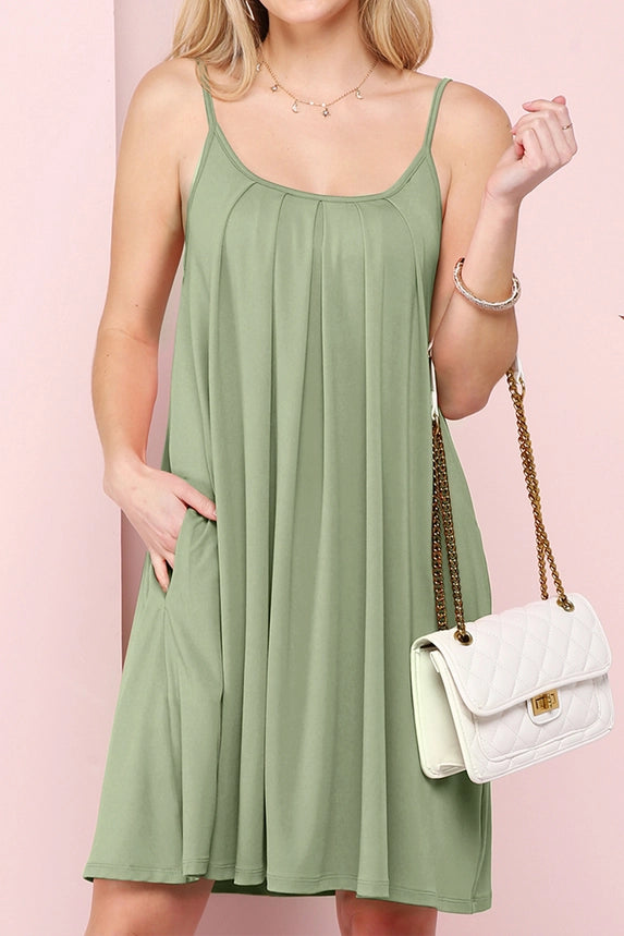 PLEATS Detailed Dress with Pockets and Adjustable Straps