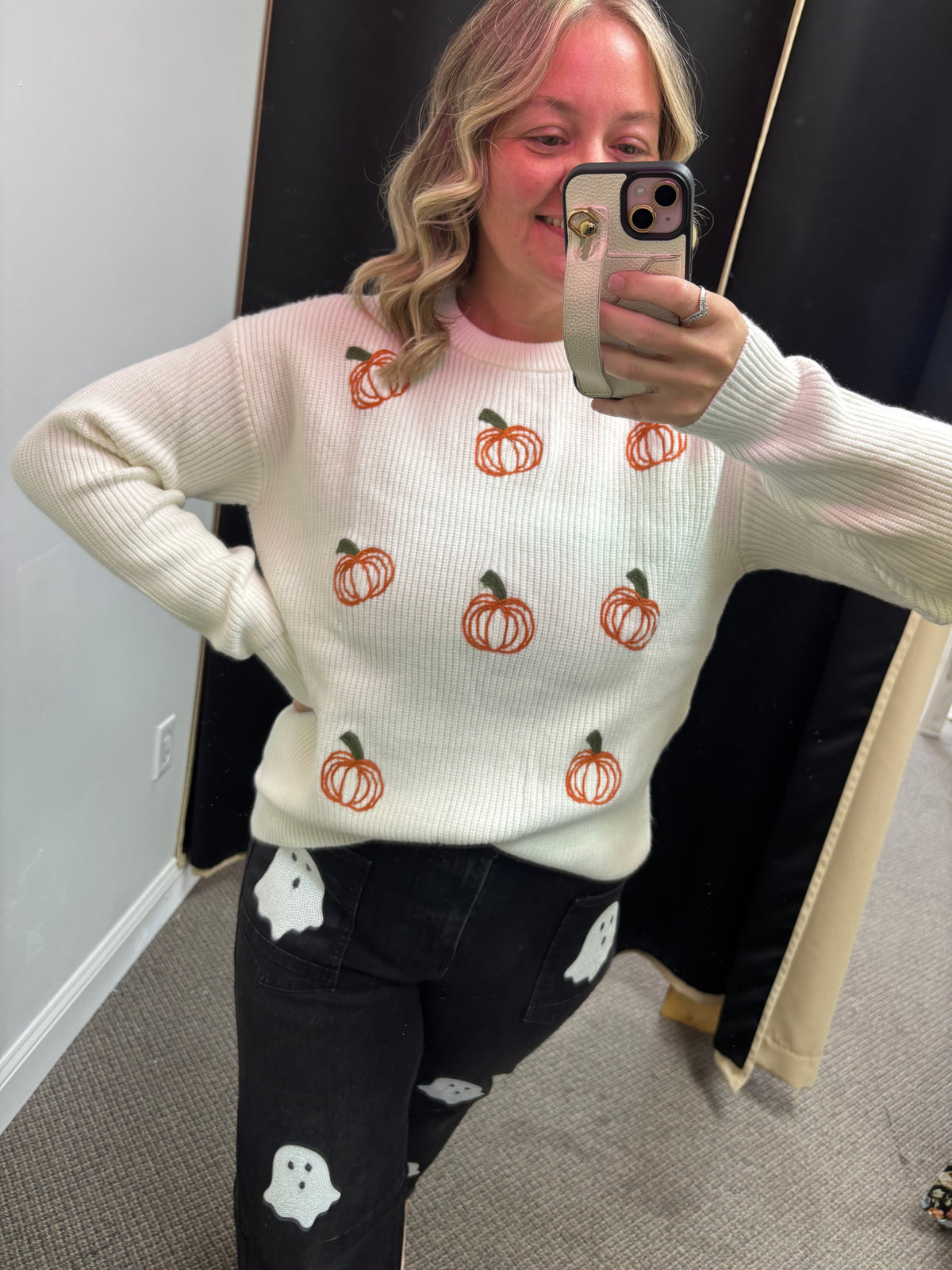 Beige Pumpkin Embroidered Ribbed Thanksgiving Halloween Holiday Sweater