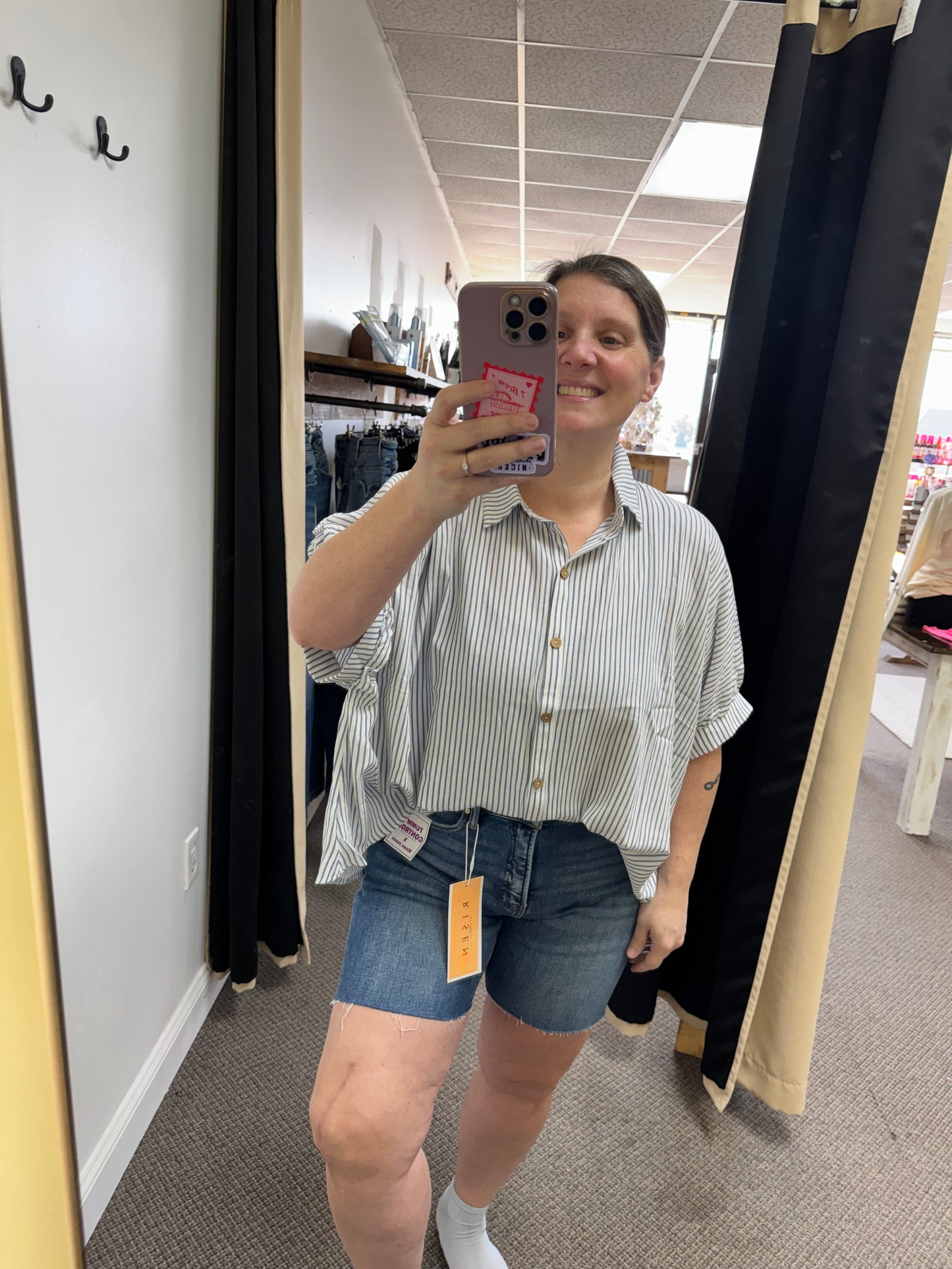 Woven stripe button down boxy top