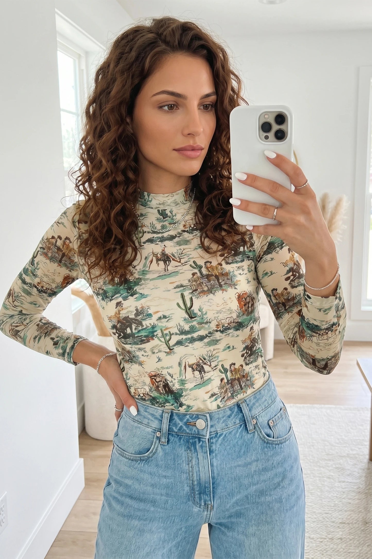 Green Western Print Long Sleeve Round Neck