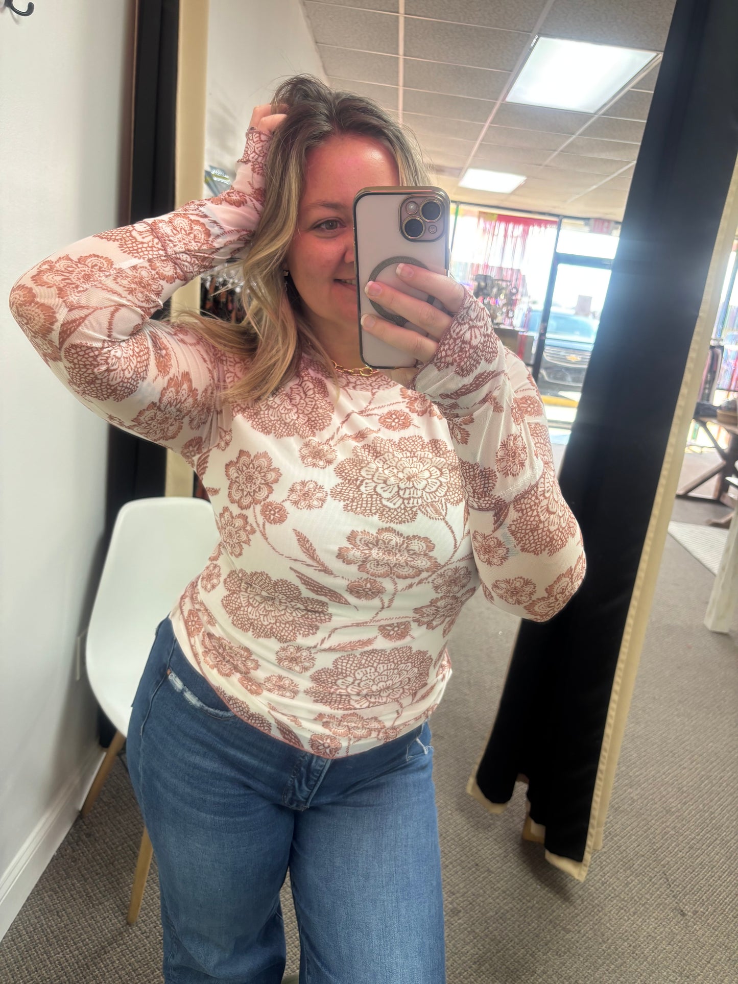 Brown Thumbhole Long Sleeve Floral Print Mesh Top