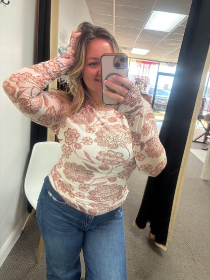 Brown Thumbhole Long Sleeve Floral Print Mesh Top