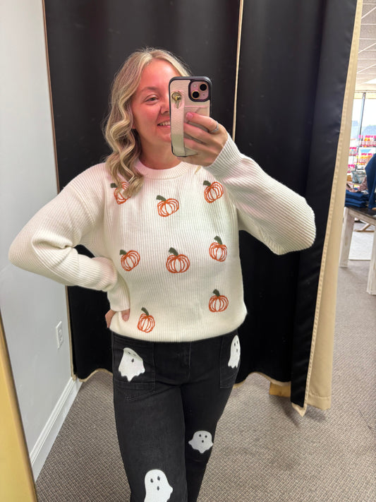Beige Pumpkin Embroidered Ribbed Thanksgiving Halloween Holiday Sweater