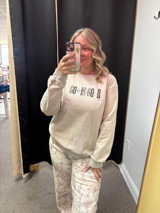 GOD IS GOOD Western Embroidered Letter Crewneck Pullover Sweatshirt
