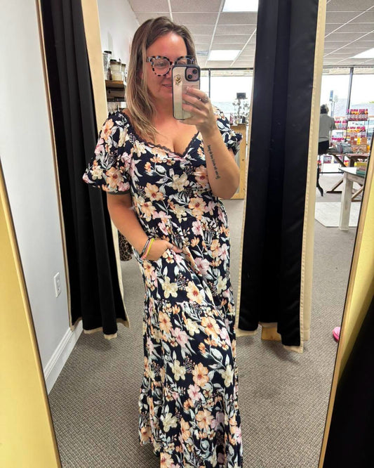 Blue Short Sleeve Smocked Detail High Waist Floral Maxi Dress