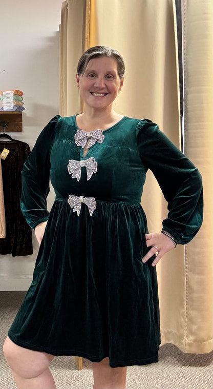 Evergreen Bowknot Decor High Waist Velvet Mini Dress