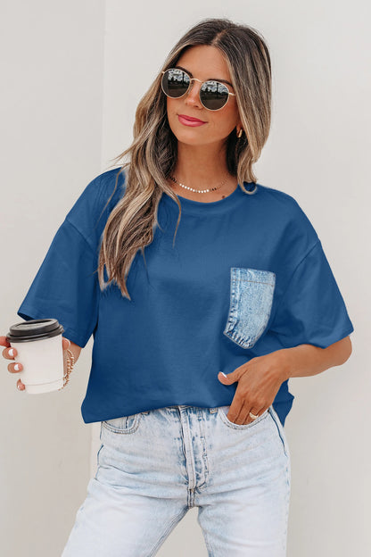 Sail Blue Color Block Chest Pocket Patched Casual Short Sleeve Top