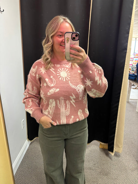 Peach Blossom Western Print Drop Shoulder Round Neck Long Sleeve Sweater