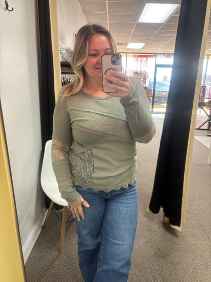 Sage Green Solid Color Waffle Ribbed Lace Patchwork Long Sleeve Top