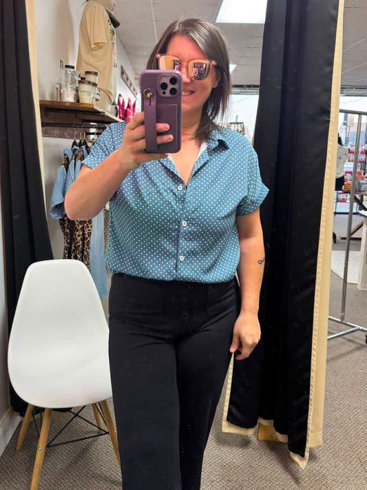 Blue Polka-Dot Cuffed Short Sleeve Shirt