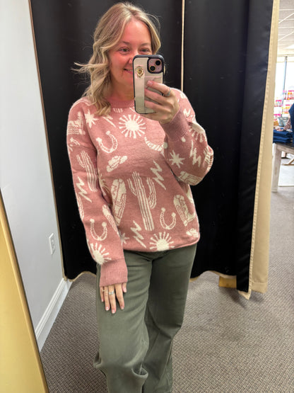 Peach Blossom Western Print Drop Shoulder Round Neck Long Sleeve Sweater