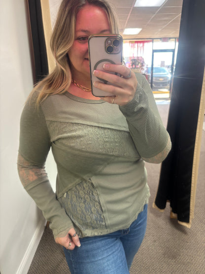 Sage Green Solid Color Waffle Ribbed Lace Patchwork Long Sleeve Top