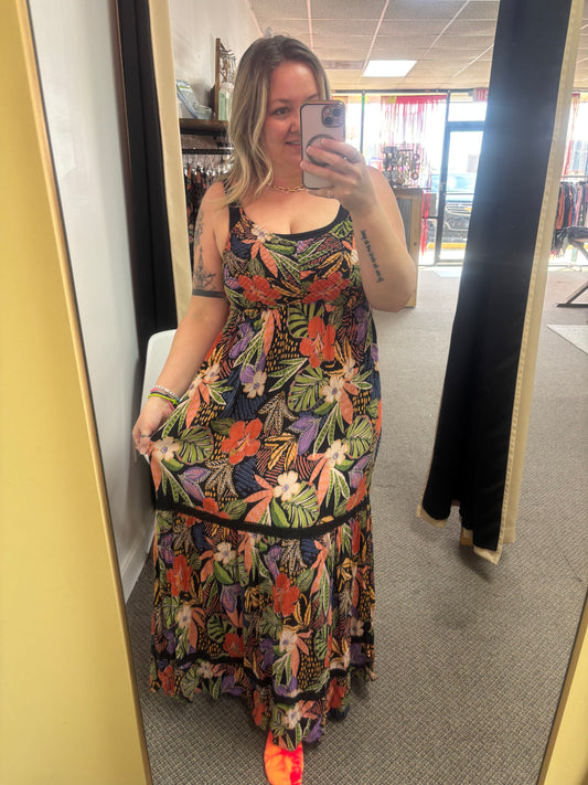 V Neck Smocked Bust Tiered Skirt Maxi Dress