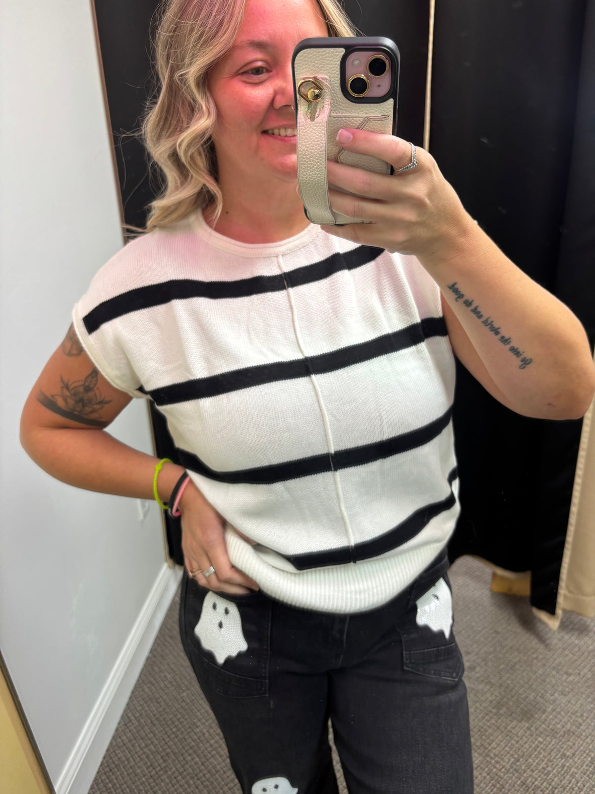 White Stripe Knit Western Short Sleeve Sweater