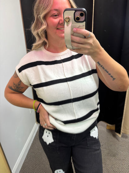 White Stripe Knit Western Short Sleeve Sweater
