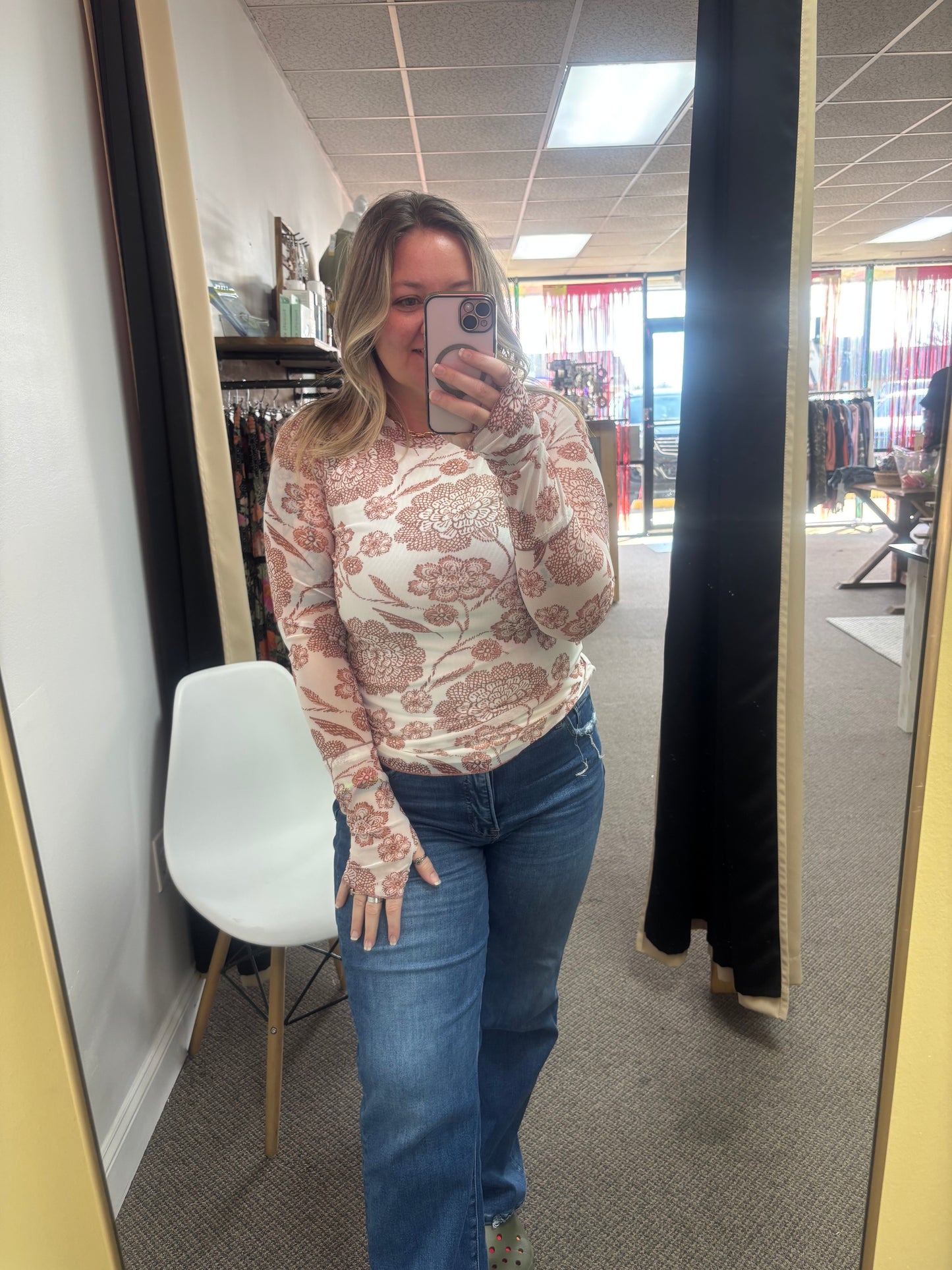 Brown Thumbhole Long Sleeve Floral Print Mesh Top