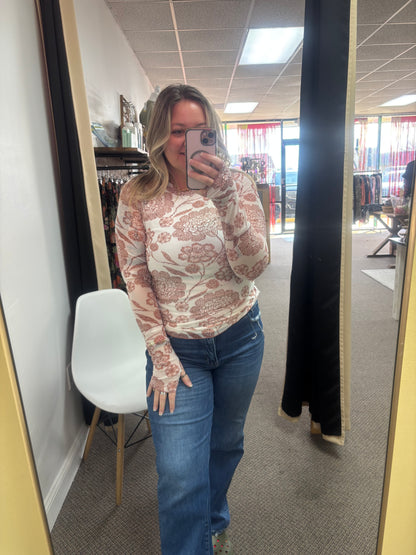 Brown Thumbhole Long Sleeve Floral Print Mesh Top