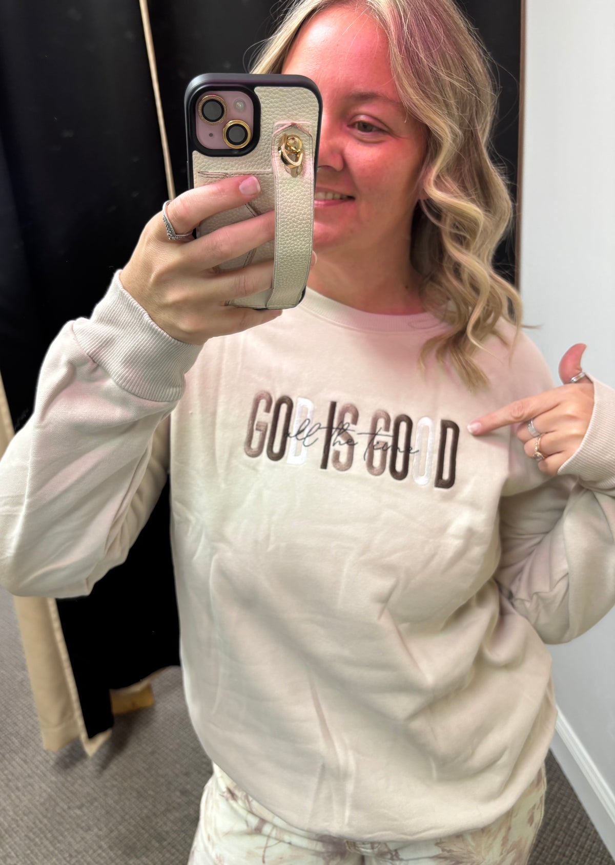 GOD IS GOOD Western Embroidered Letter Crewneck Pullover Sweatshirt