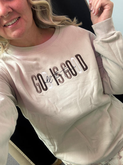 GOD IS GOOD Western Embroidered Letter Crewneck Pullover Sweatshirt