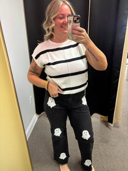 White Stripe Knit Western Short Sleeve Sweater
