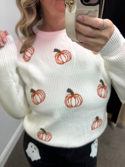 Beige Pumpkin Embroidered Ribbed Thanksgiving Halloween Holiday Sweater