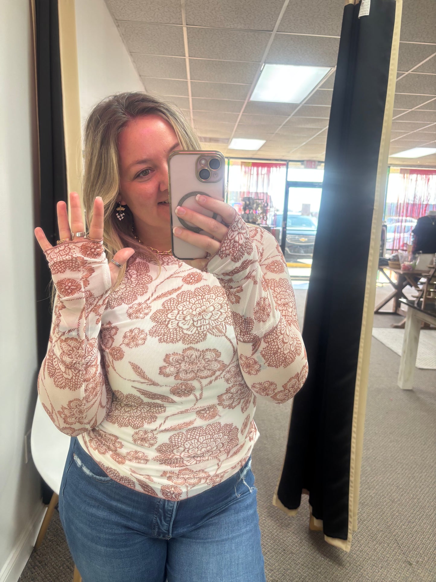 Brown Thumbhole Long Sleeve Floral Print Mesh Top