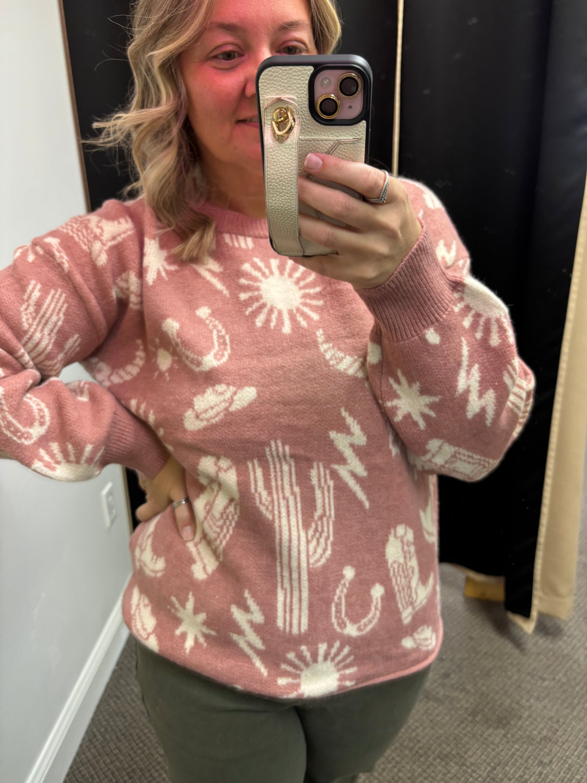 Peach Blossom Western Print Drop Shoulder Round Neck Long Sleeve Sweater