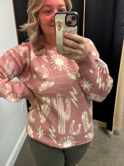 Peach Blossom Western Print Drop Shoulder Round Neck Long Sleeve Sweater