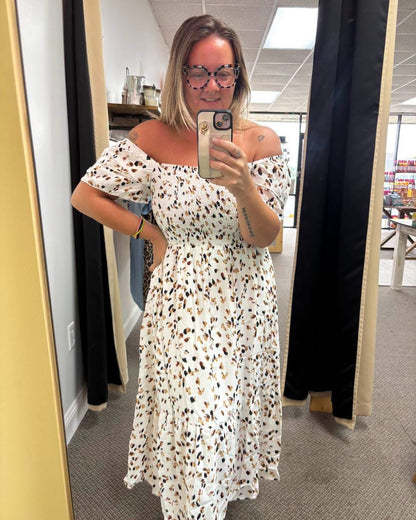Beige Ditsy Floral Print Smocked Square Neck Ruffle Short Sleeve Dress