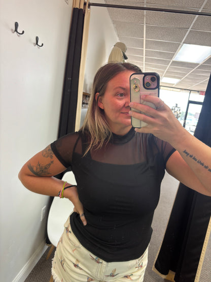 Black Sheer Mesh Patchwork Cap Sleeve T Shirt