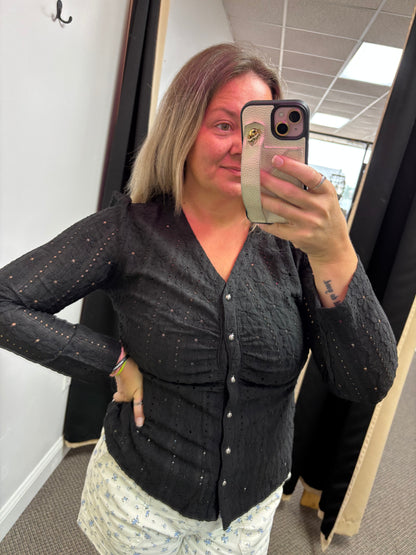 Black V Neck Floral Knit Long Sleeve Button Front Fit Blouse