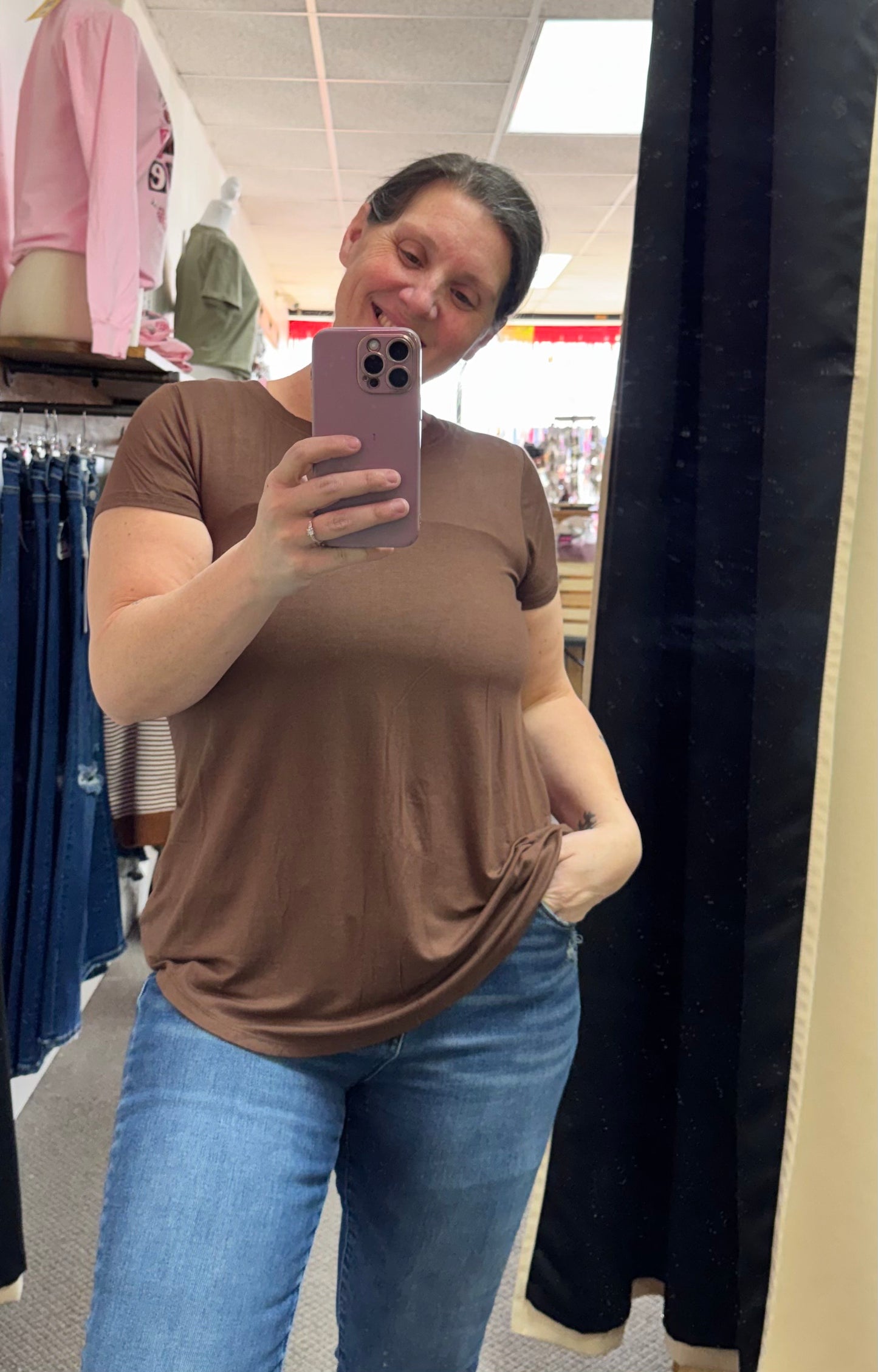 Flowy round hem rayon short sleeve top