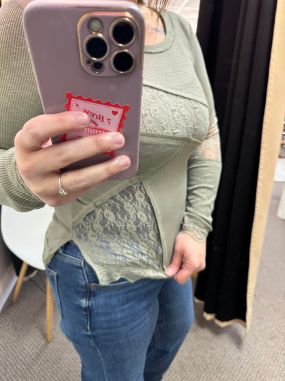 Sage Green Solid Color Waffle Ribbed Lace Patchwork Long Sleeve Top