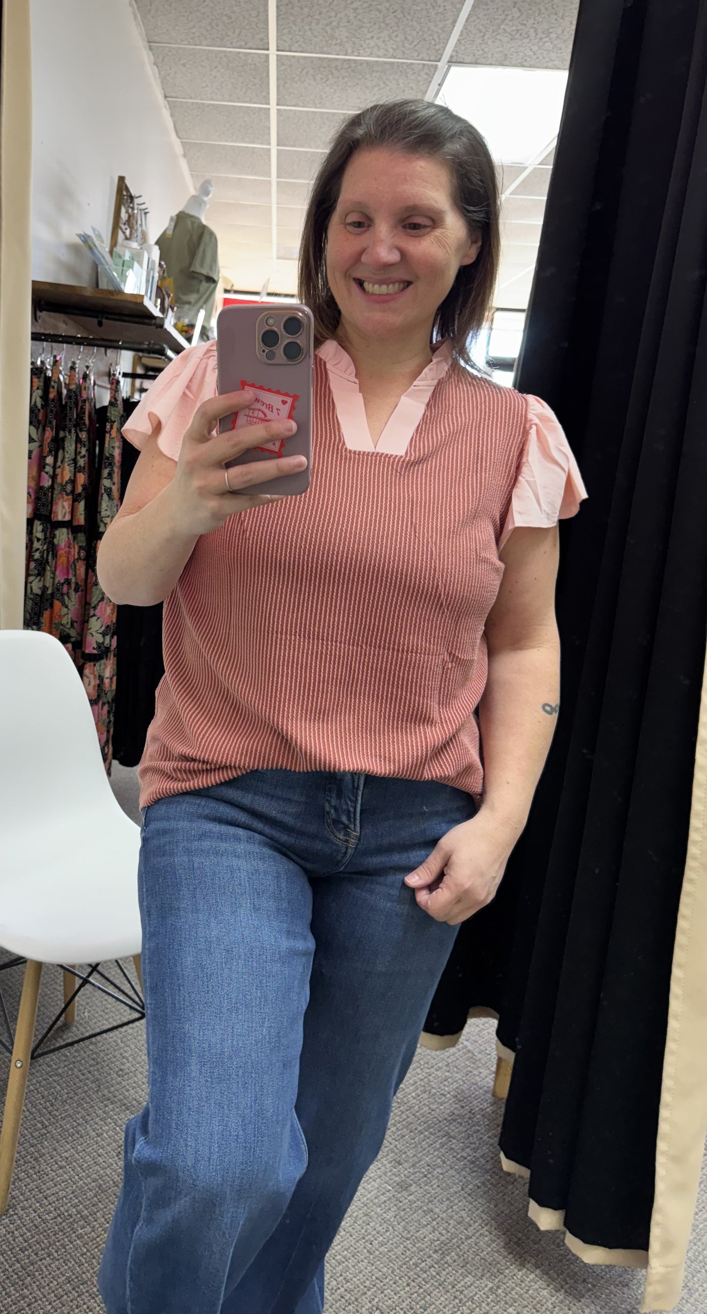 Rose Pink Plus Size Contrast Frilled Neckline Ruffled Short Sleeve Ribbed Textured Blouse