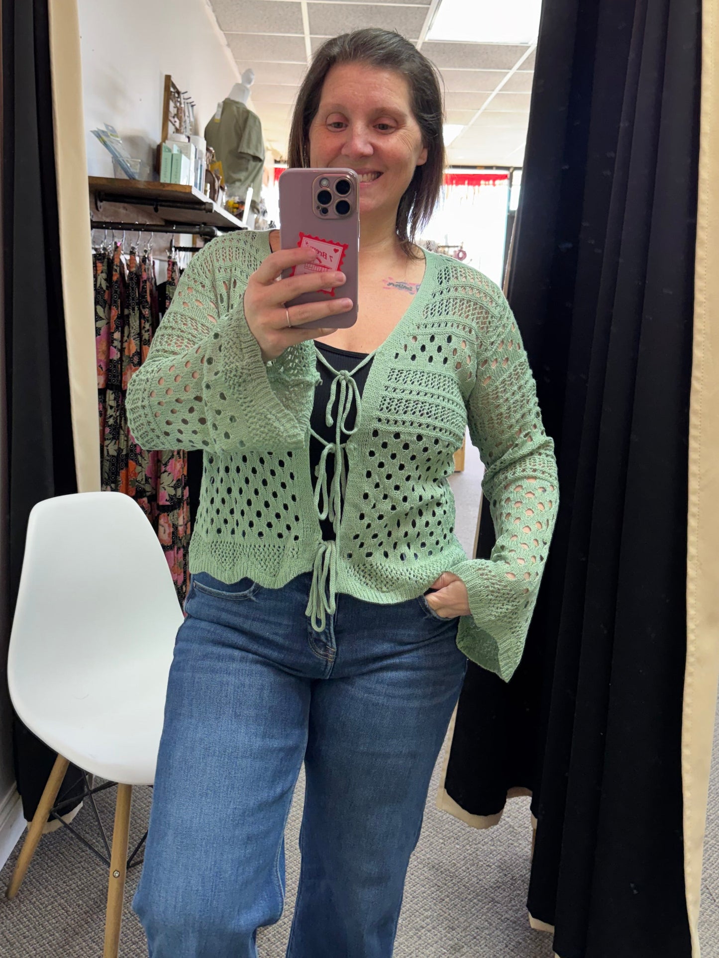 Smoke Green Tie Front Hollow-out Crochet Flare Sleeve Knitted Cover Up