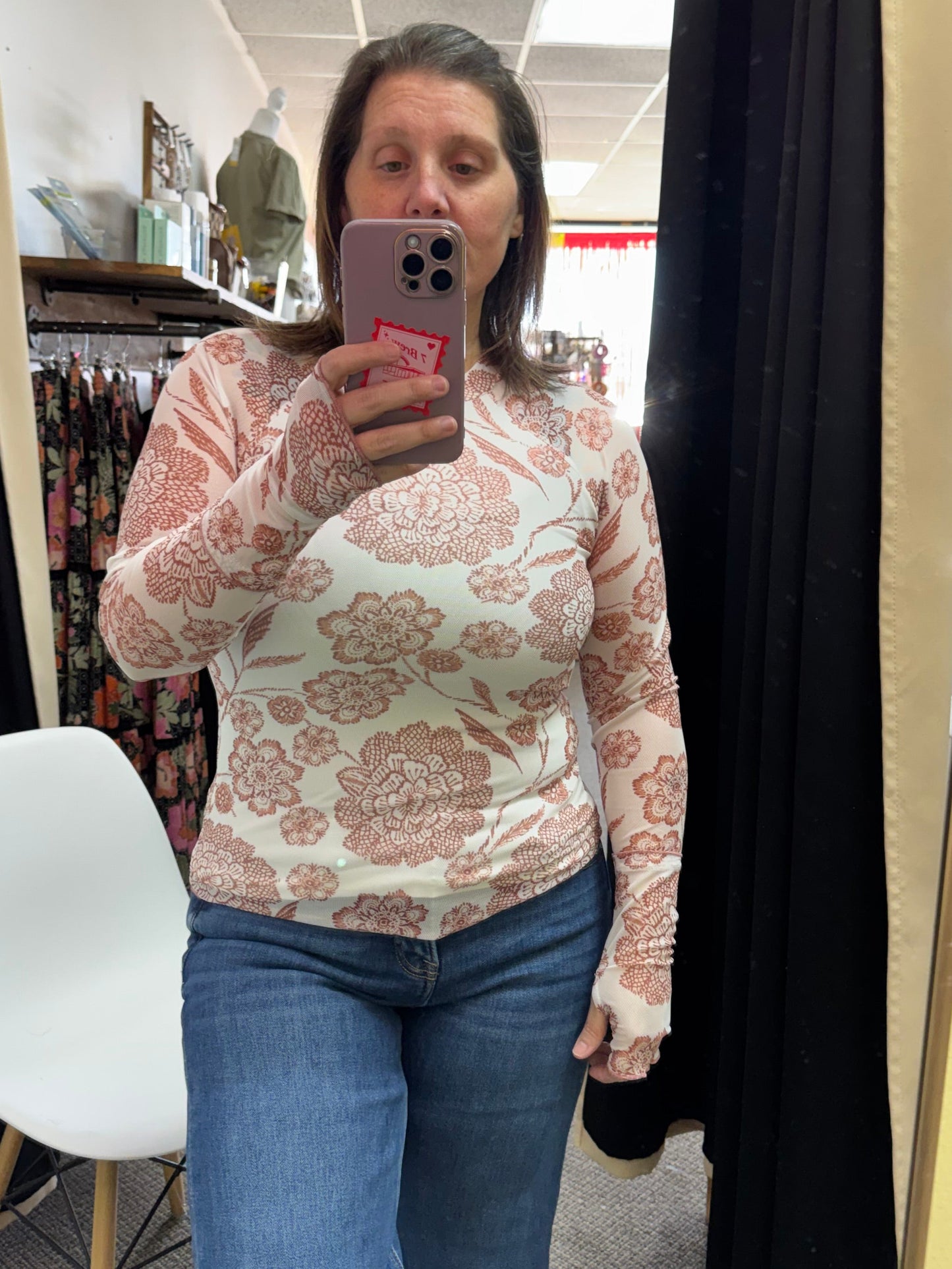 Brown Thumbhole Long Sleeve Floral Print Mesh Top